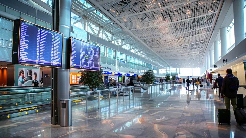 A picture of an airport terminal with people walking around.