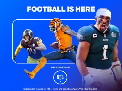 Don't miss a snap. NFL+ gives you access to the NFL Network, live game audio, and more, while the Premium tier adds NFL RedZone and full game replays.